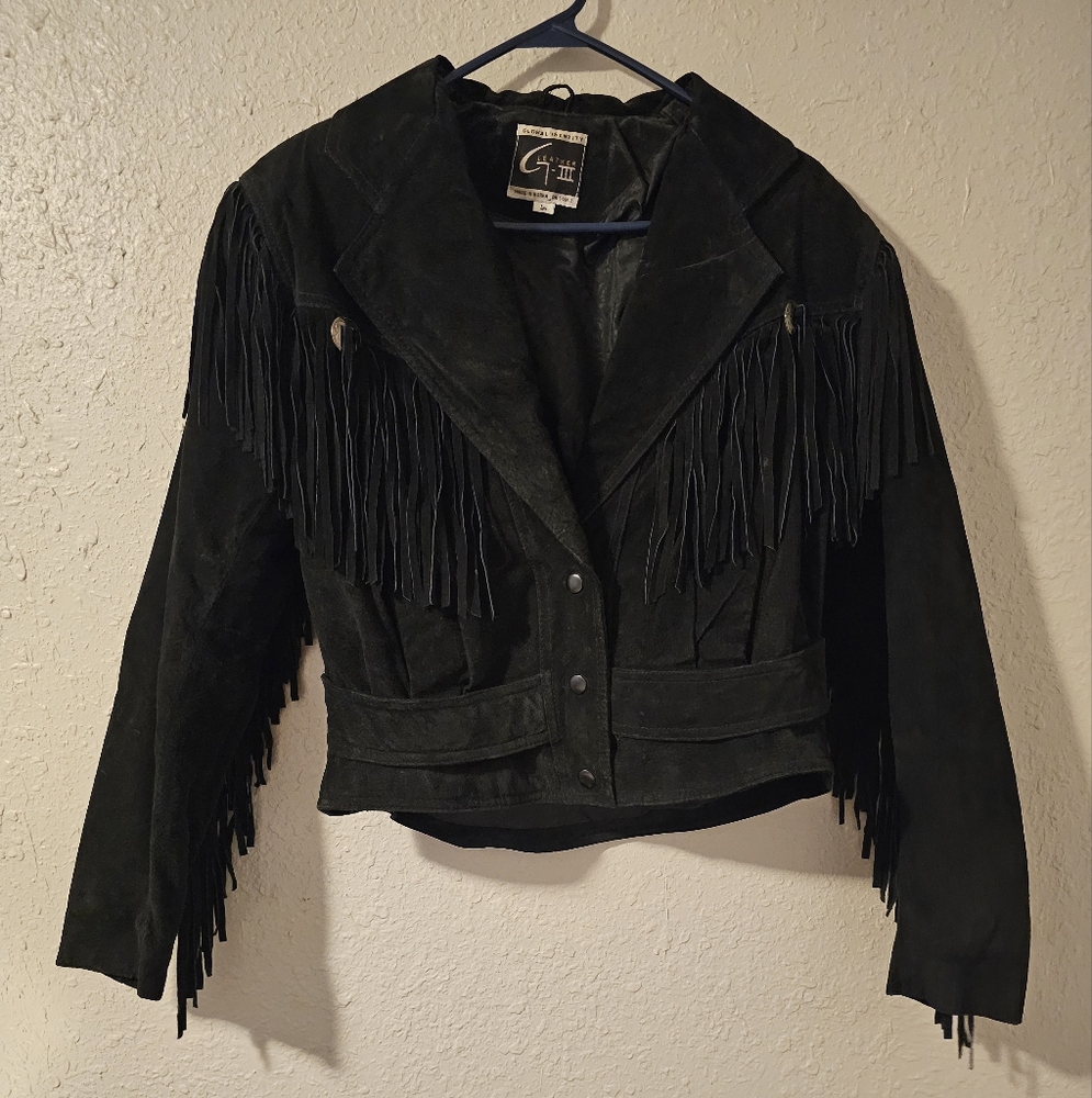 Large G-III Black Suede Fringe Coat Jacket 1980s Vintage Clothes Biker Rocker